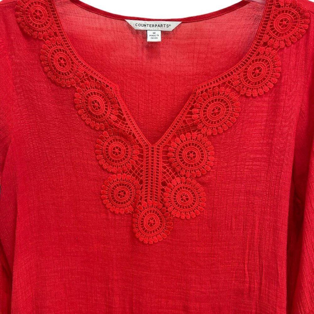 Counterparts Women Red Handkerchief Blouse Top 3/4 Sleeve Knit Lace Details Sz M - Picture 3 of 16